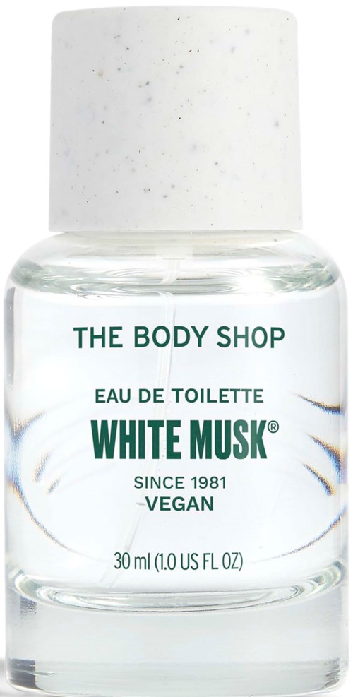 Kleine klare Flasche mit Parfüm 'White Musk' von The Body Shop, vegan, seit 1981, 30 ml.