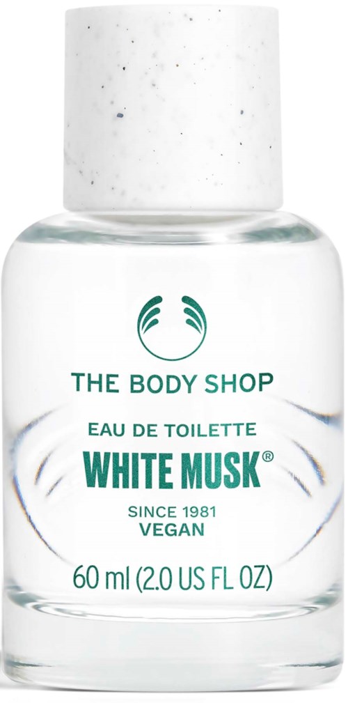 Kleine Glasflasche mit White Musk Eau de Toilette von The Body Shop, vegan, 60 ml, seit 1981.