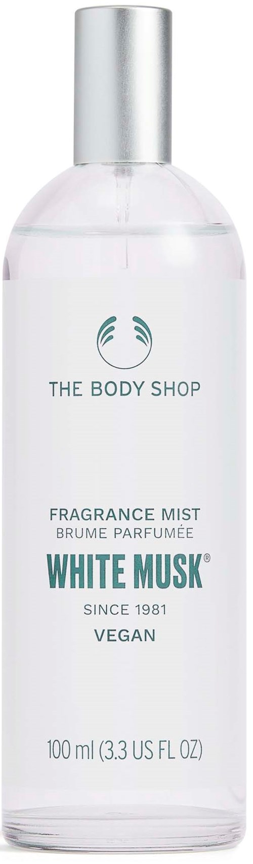 Klares Sprühflasche mit silberner Kappe, etikettiert 'Fragrance Mist White Musk'. Vegan, seit 1981, 100 ml.