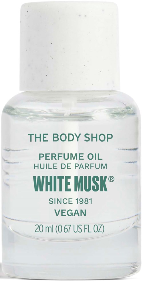 Kleine Flasche Parfümöle mit "White Musk" von The Body Shop, vegan, seit 1981.