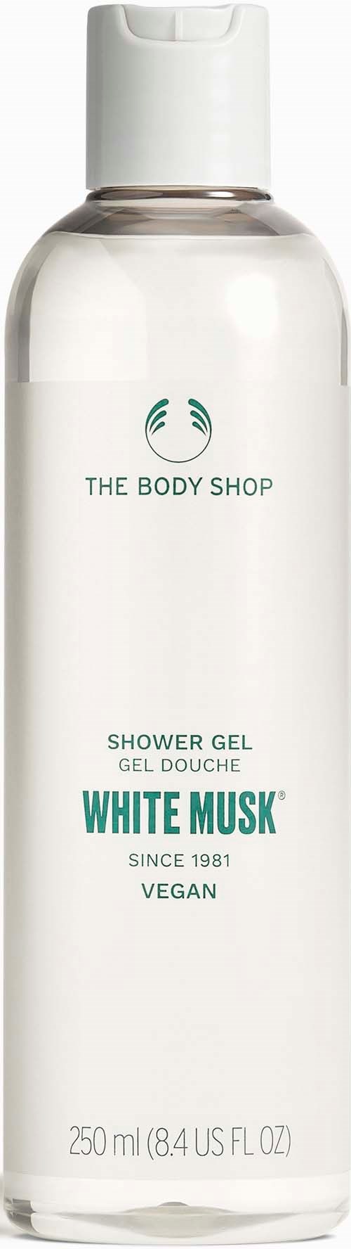 En hvit dusjsåpeflaske fra The Body Shop med flip-lokk, merket White Musk, vegansk, 250 ml.