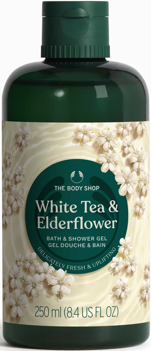 Eine grüne Flasche mit Körperwäsche White Tea & Elderflower mit Blumenmuster, 250 ml.