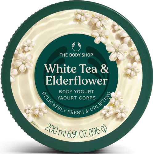 Deckel eines Body Yogurt Containers mit weißen Fliederblüten und grüner Beschriftung, betont Frische und belebenden Duft.