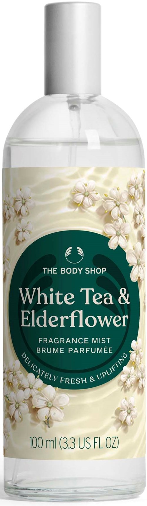 Eine klare Duftsprühflasche mit weißem Verschluss, etiketti White Tea & Elderflower, 100 ml.