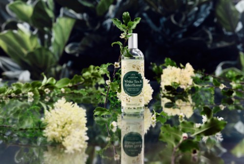 Eine kleine Flasche mit Elderflower-Etikett, umgeben von grünen Blättern und weißen Blumen, mit blattartigem Hintergrund und Spiegelung auf glänzender Oberfläche.
