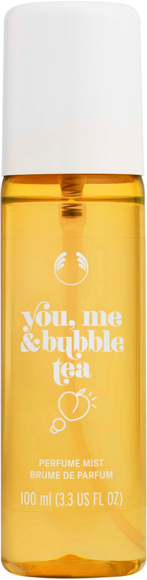 Ein gelber Parfümspray mit weißem Deckel, beschriftet "you, me & bubble tea" mit einem kleinen Bubble-Tea-Symbol.