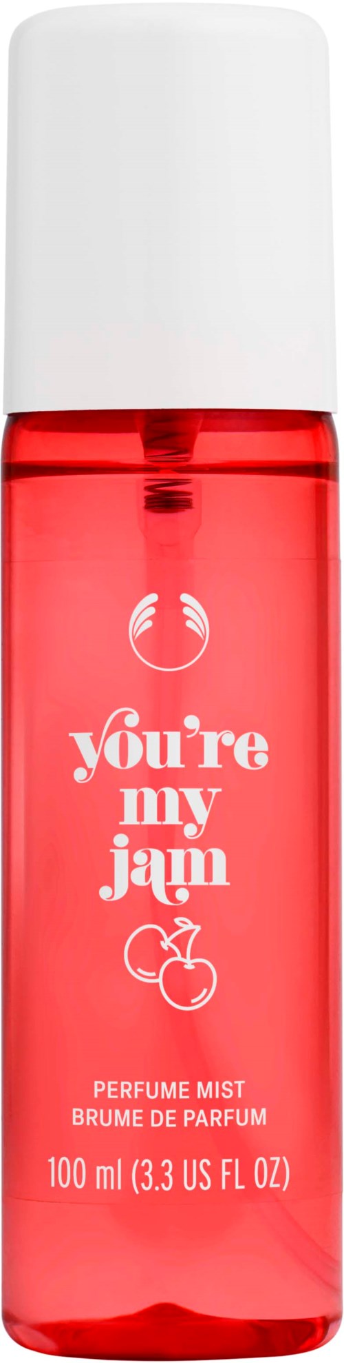 Eine kleine rote Parfümsprühflasche mit weißem Deckel, mit dem Text "you're my jam" und einer Kirschillustration.