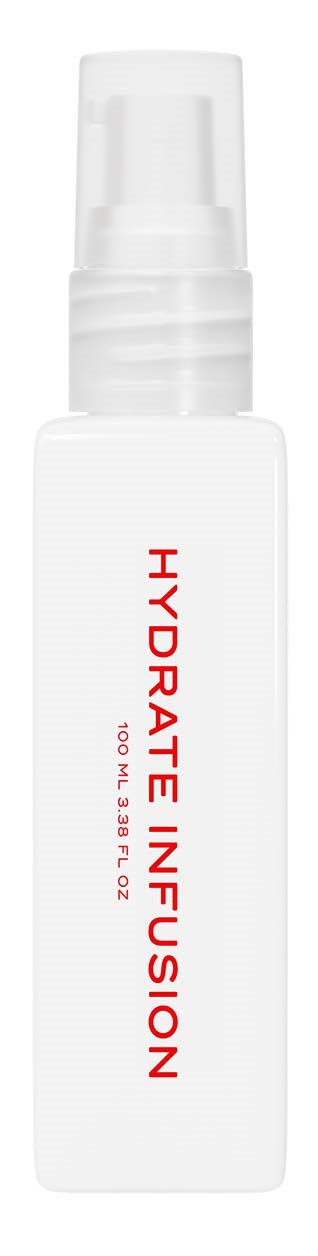 A white bottle with a pump labeled "HYDRATE INFUSION" in red, likely a skincare product.