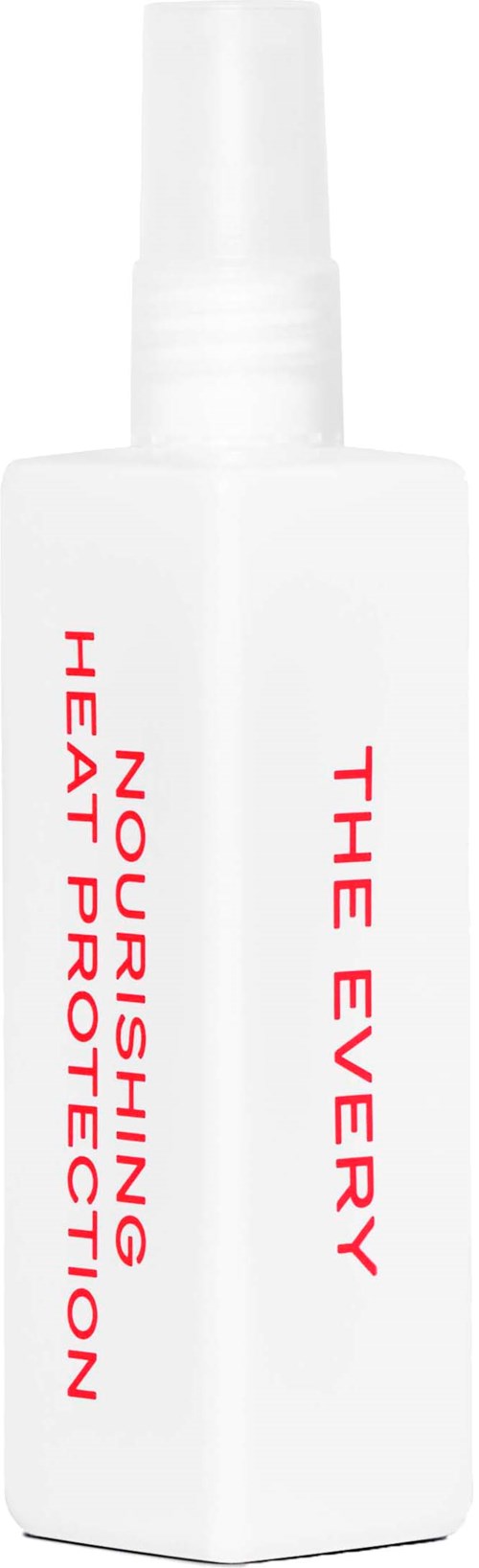 A white bottle with red text, labeled as an heat protection spray by The Every. It has a spray nozzle.