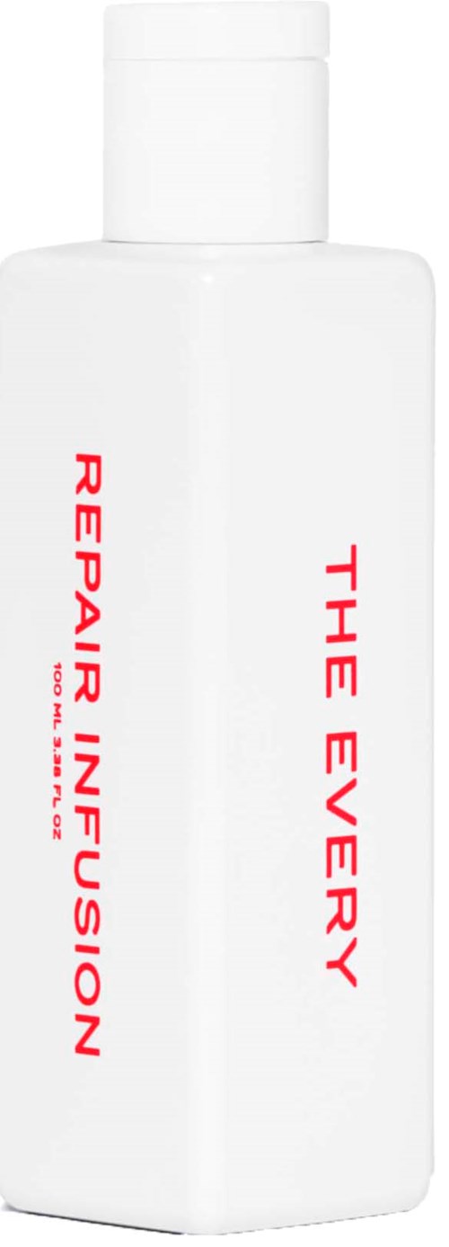 A white bottle with red text that says "THE E'VERY REPAIR INFUSION."