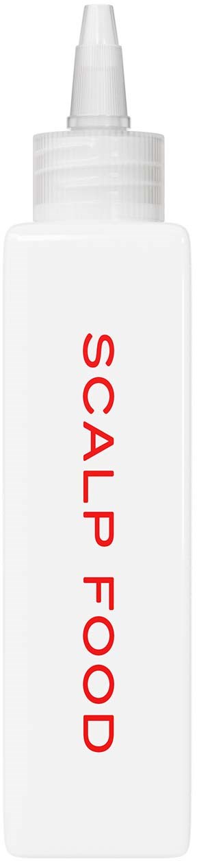 A white bottle with a pointed nozzle labeled "SCALP FOOD" in red text.