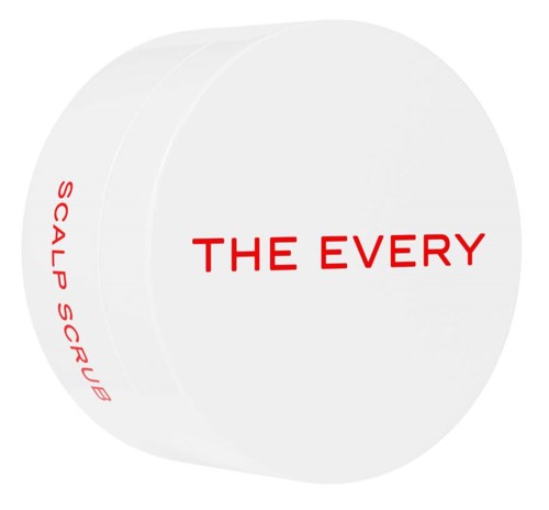 A white skincare container with red text, saying "THE EVERY" and "SCALP SCRUB" on the side.