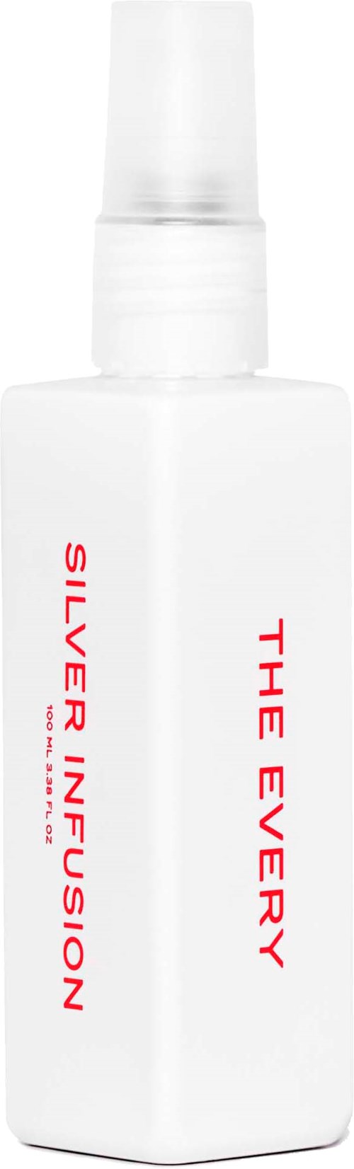 A white bottle with a spray top, labeled with red text: 'SILVER INFUSION' and 'THE EOVERY.'