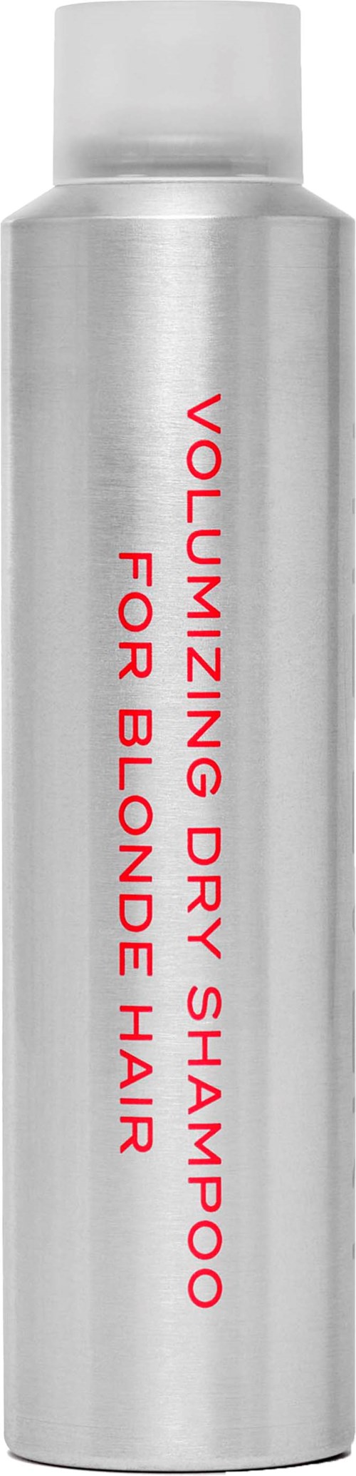 A tall silver bottle with red text: 'Volumizing Dry Shampoo for Blonde Hair'.