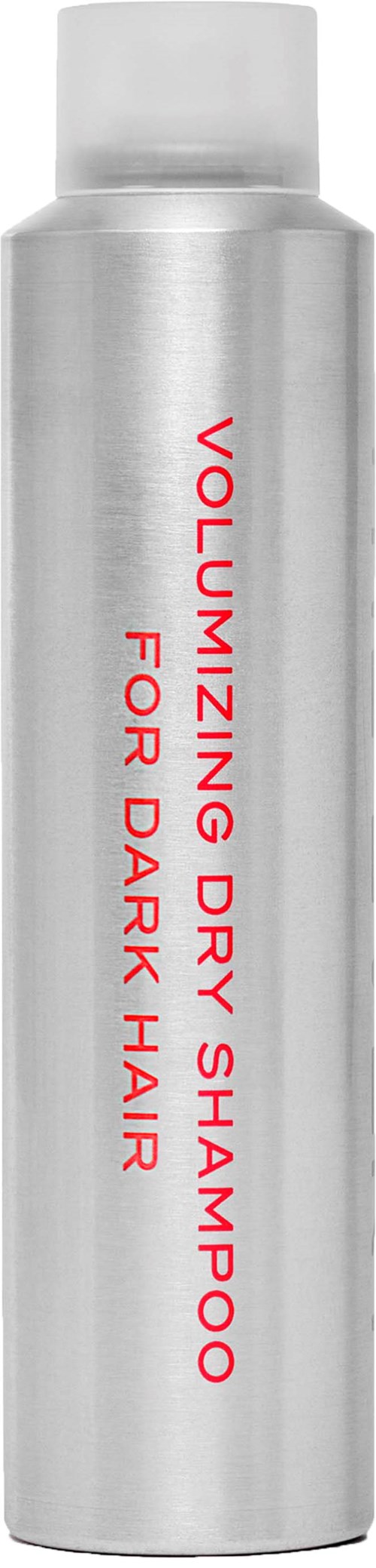 A silver bottle with red text that says "Volumizing Dry Shampoo for Dark Hair."