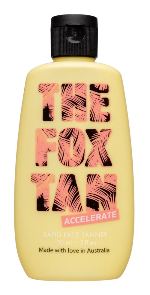 A yellow bottle with pink and black text says "The Fox Tan" and "Accelerate." It is a face tanning product.