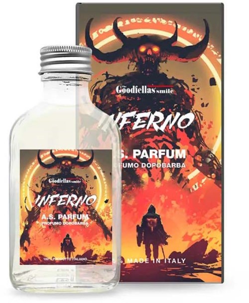 A small perfume bottle and box feature a fiery, demon-like figure with horns and a dark, ominous background.