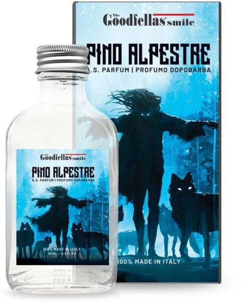 Illustration of a perfume bottle and box with a blue background, silhouettes of wolves, and a mysterious figure, labeled 'Pino Alcestre'.