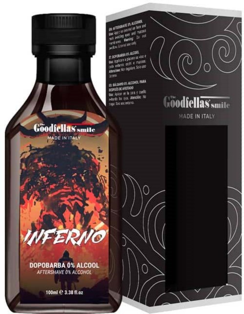 A small brown bottle with a black cap and fiery artwork, labeled "Inferno" and "aftershave" in Italian, next to a black box.