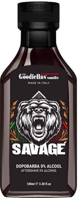 A dark bottle with a roaring bear logo and the word "SAVAGE." It says alcohol-free aftershave from Italy.