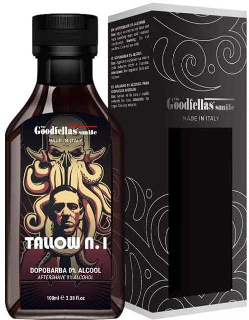 Kleine Flasche mit "TALLOW N.1" Beschriftung, alkoholfreie Aftershave, neben einer schwarzen Verpackung mit weißen Mustern.