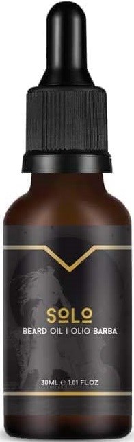 Small brown bottle with a black dropper cap, labeled Solo Beard Oil.