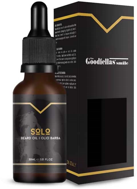 A small brown bottle with a dropper cap labeled "SOLO Beard Oil" and a black box with gold accents.