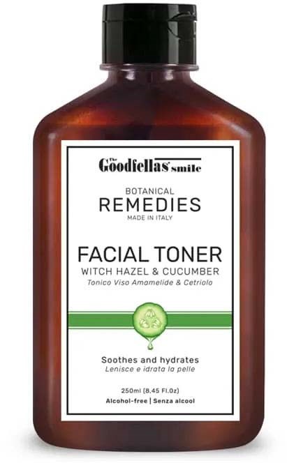 A brown bottle with a label that says Goodfellas Smile, facial toner with witch hazel and cucumber, alcohol-free.