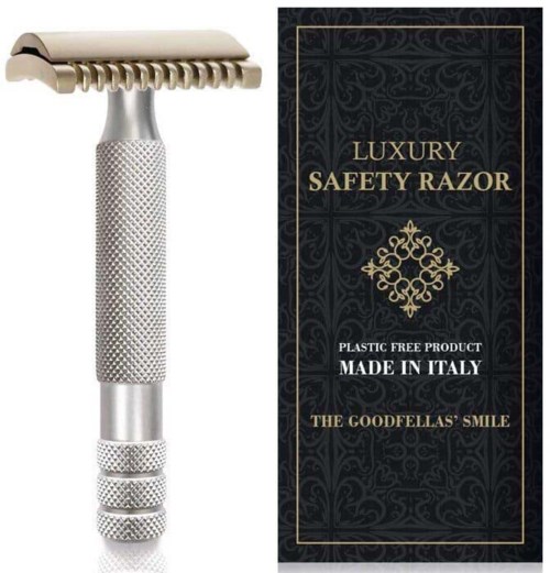A luxury safety razor with a textured handle, next to a box labeled "Luxury Safety Razor" and "Made in Italy."