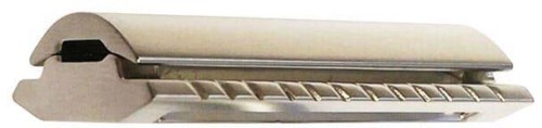 A gray stapler with a metal top and a paper tray underneath, used for binding papers together.