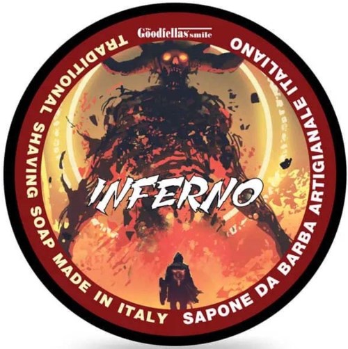 A red circular logo with a demon-like figure and a smaller person below, surrounded by words about shaving soap and Italy.