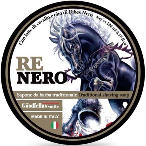 A detailed label featuring a fierce black horse with white mane, surrounded by Italian text about shaving soap.