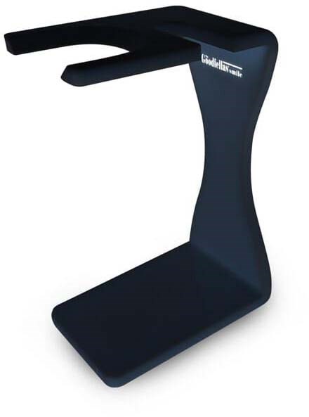 A black phone stand with a modern, curved design, holding a phone in a horizontal position.