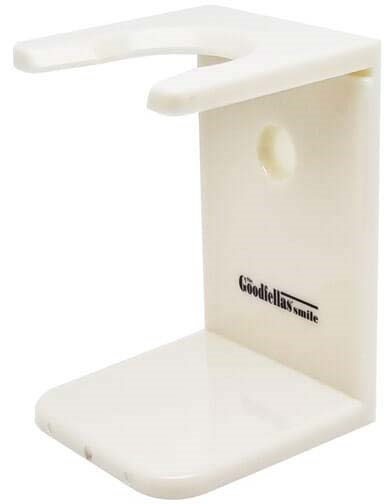 A white plastic stand with a hook at the top and a hole, labeled "GoodSmile" at the bottom.