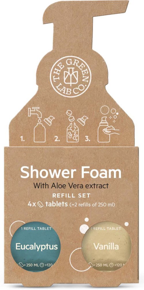 A brown and white refill set for shower foam, featuring eucalyptus and vanilla scent options with four tablets.