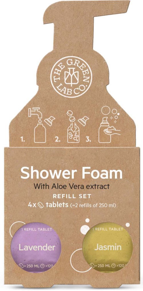 A refill set for shower foam with Aloe Vera extract, includes lavender and jasmine tablets. Instructions show four steps.