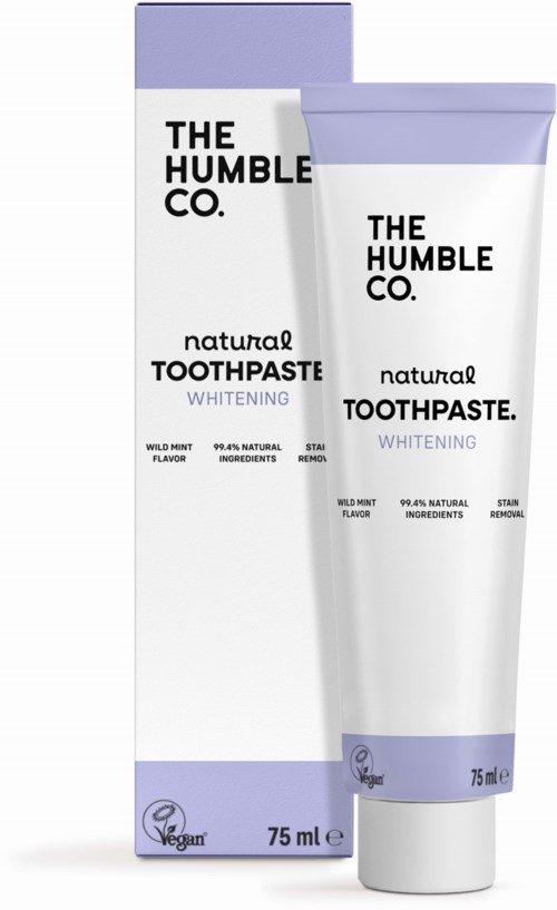 Eine Box und Tube mit sanfter aufhellender Zahnpasta von The Humble Co., vegan, 75 ml, mit natürlichen Zutaten.