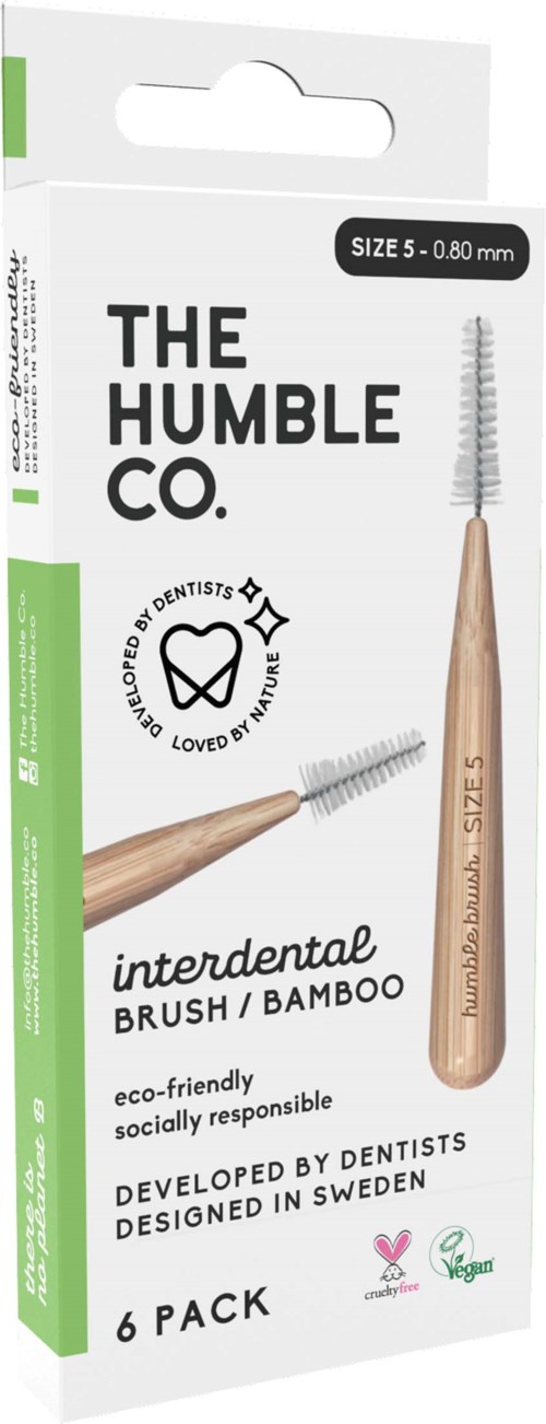En pack med sex bambutandborstar märkta 'interdental'. Miljövänlig, utvecklad av tandläkare, designad i Sverige.