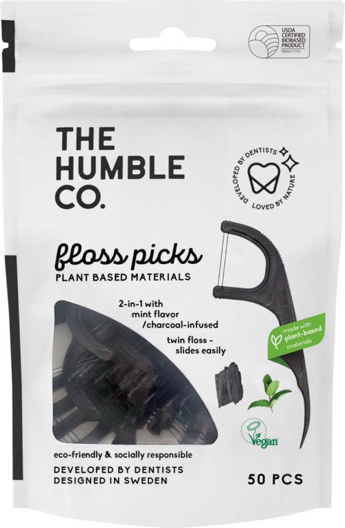 Plant-based floss picks with a black handle and mint flavor, designed for dental health, contains 50 pieces.