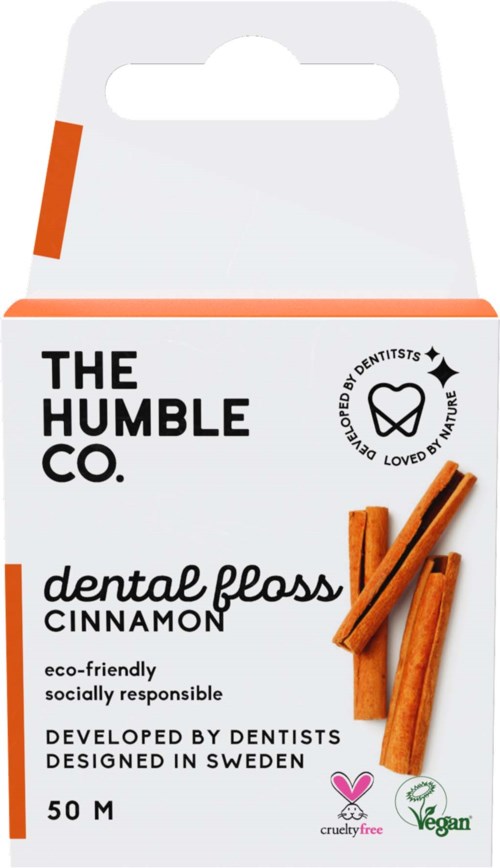 Eine Schachtel Zimt-Zahnseide, umweltfreundlich, vegan, mit Herzlogo und schwedischem Design.