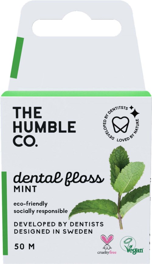 Eine Packung Minz Zahnseide von The Humble Co., mit grünen Blättern und umweltfreundlichen, veganen Labels.