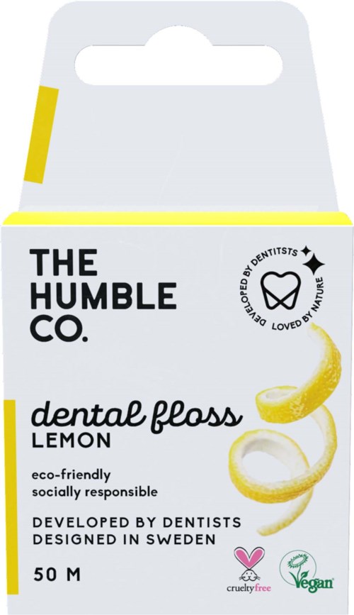 A dental floss package with lemon flavor, eco-friendly and socially responsible, designed in Sweden, 50 meters long.