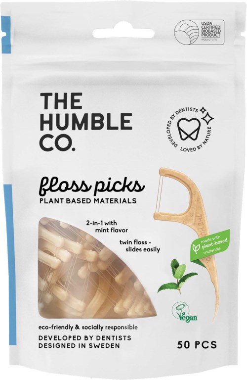 Eco-friendly plant-based dental picks with mint flavor, two-in-one design, 50 pieces in a white resealable bag.