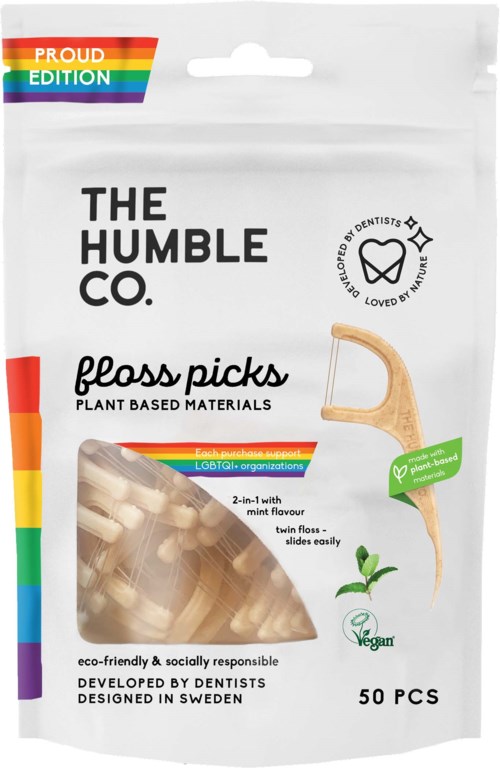 Plant-based dental picks with a wooden handle, containing 50 pieces, designed by dentists in Sweden, vegan and eco-friendly.