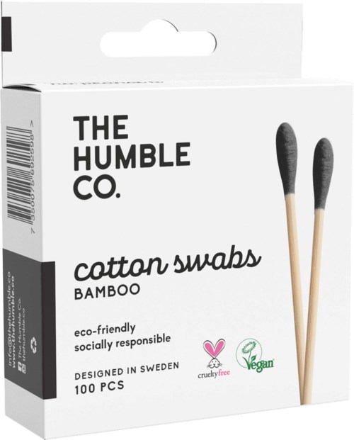 Box of 100 bamboo cotton swabs, eco-friendly, socially responsible, designed in Sweden, vegan, with two swabs shown.