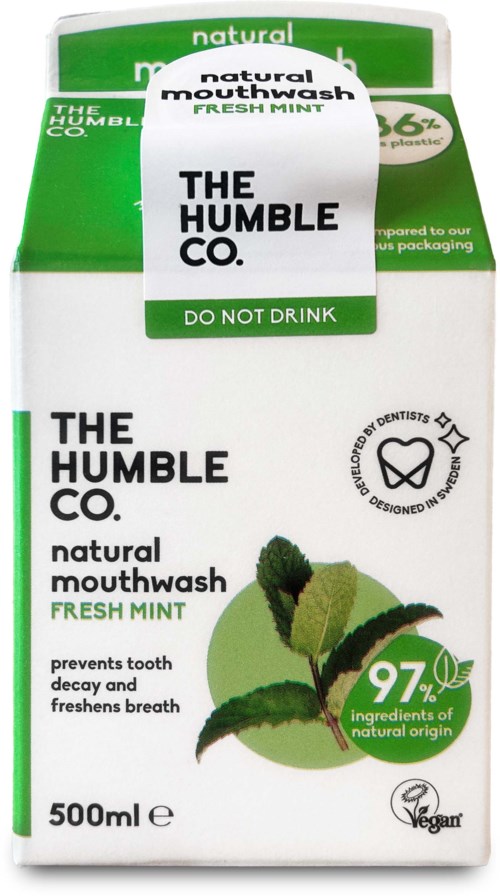 Green and white box of natural mouthwash with mint, showing logo, ingredients, and vegetarian symbol.