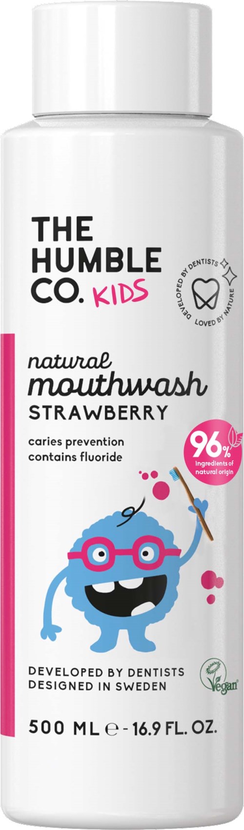 White bottle of kids' strawberry mouthwash with a blue cartoon character wearing glasses, holding a toothbrush.