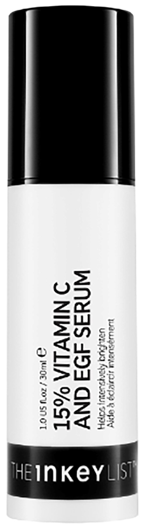 Een witte en zwarte fles met tekst over vitamine C en serum, gemarkeerd The Inkey List.