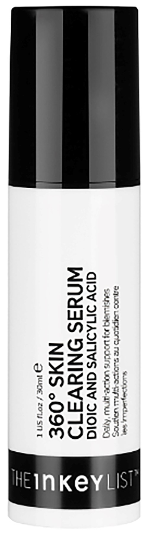 Een witte en zwarte fles met 360° Skin Clearing Serum met acne bestrijdende ingrediënten.