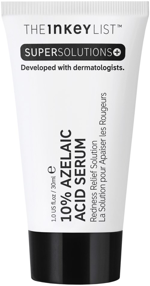 Een witte tube met zwarte dop, gelabeld als Azaelic Acid Serum voor het verminderen van roodheid, ontwikkeld met dermatologen.